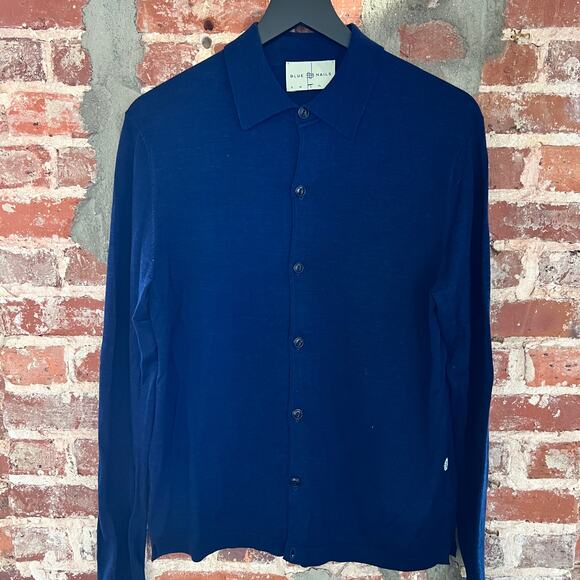 Blue Nails Thailand Indigo Men's Button Up Cardigan Fine Gauge Sweater Shirt L - Picture 2 of 6